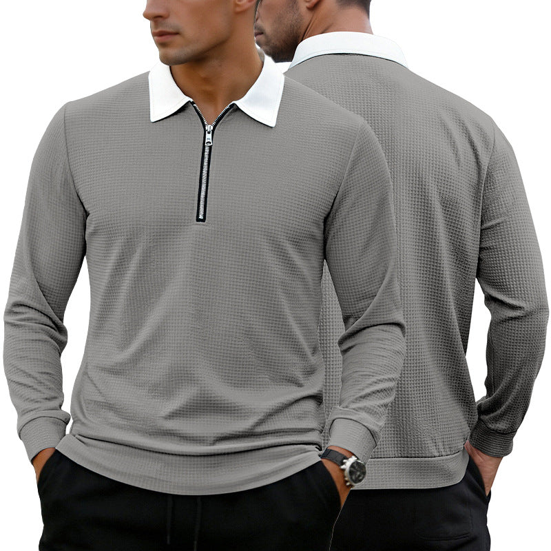 Solid-color Waffle-knit Long-sleeve Lapel Zip-up Shirt