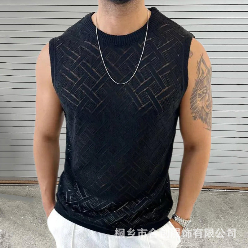 SpringSummer Knitted Mens Crew-Neck Sleeveless Hollow-Out Top