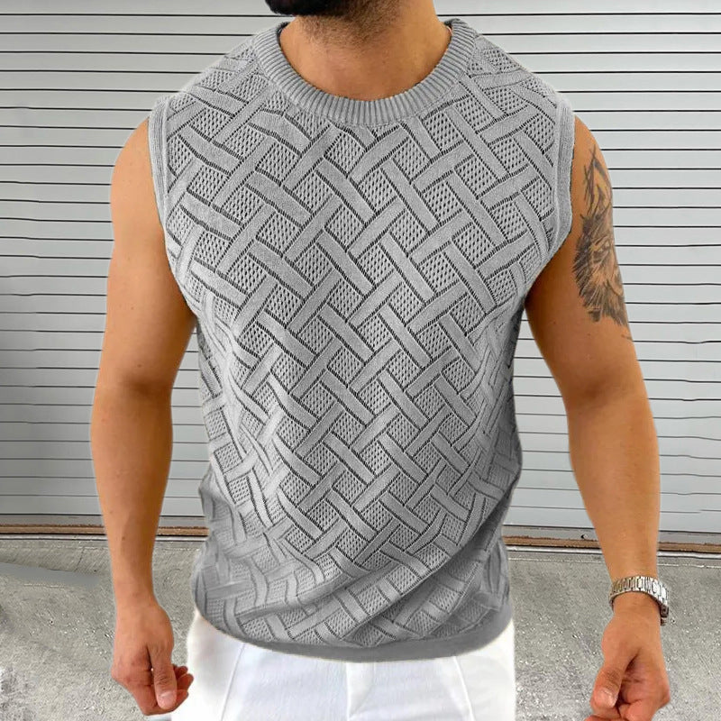 SpringSummer Knitted Mens Crew-Neck Sleeveless Hollow-Out Top