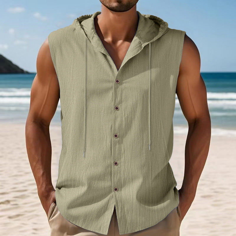 Mens Sleeveless Linen Hooded Shirt