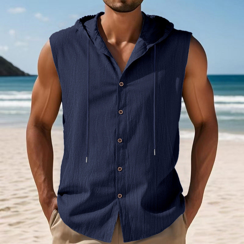 Mens Sleeveless Linen Hooded Shirt