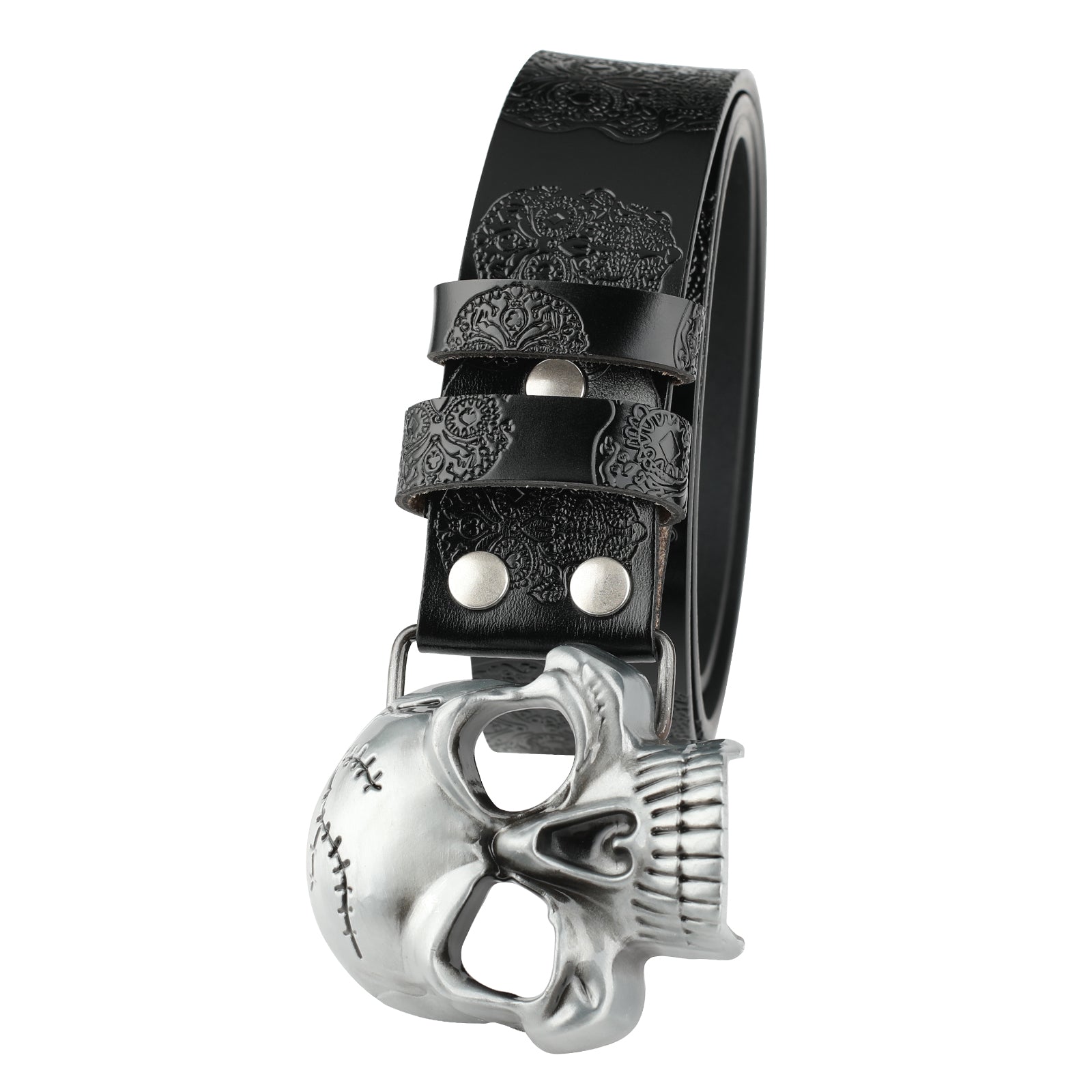Leather Belt With Embossed Ghost Head Design And Smooth Skull Buckle