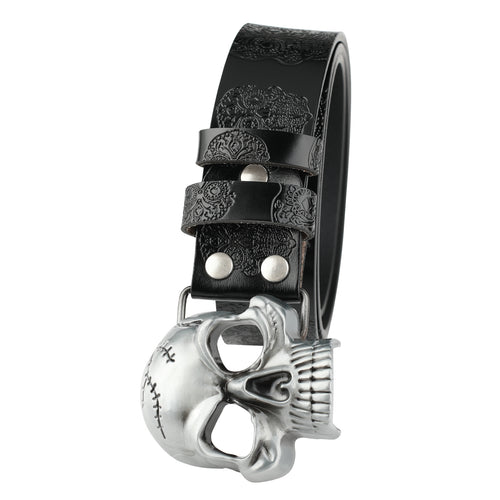 Leather Belt With Embossed Ghost Head Design And Smooth Skull Buckle