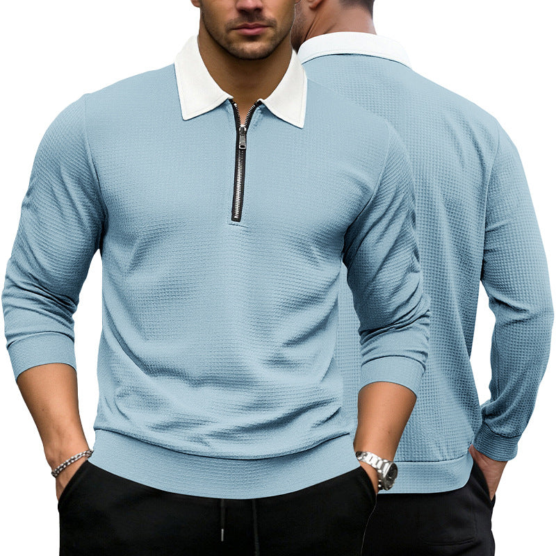 Solid-color Waffle-knit Long-sleeve Lapel Zip-up Shirt