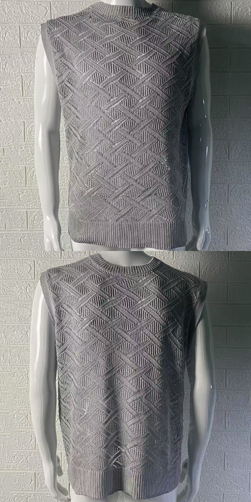 SpringSummer Knitted Mens Crew-Neck Sleeveless Hollow-Out Top