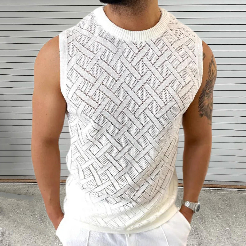 SpringSummer Knitted Mens Crew-Neck Sleeveless Hollow-Out Top