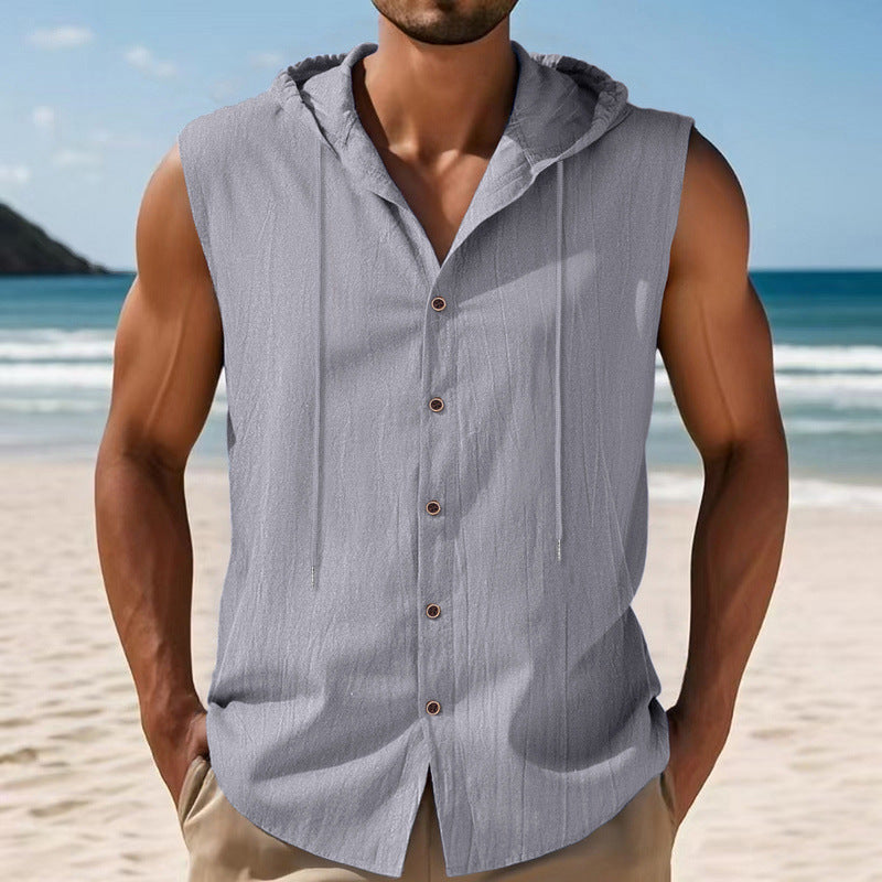 Mens Sleeveless Linen Hooded Shirt