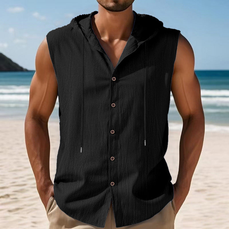 Mens Sleeveless Linen Hooded Shirt