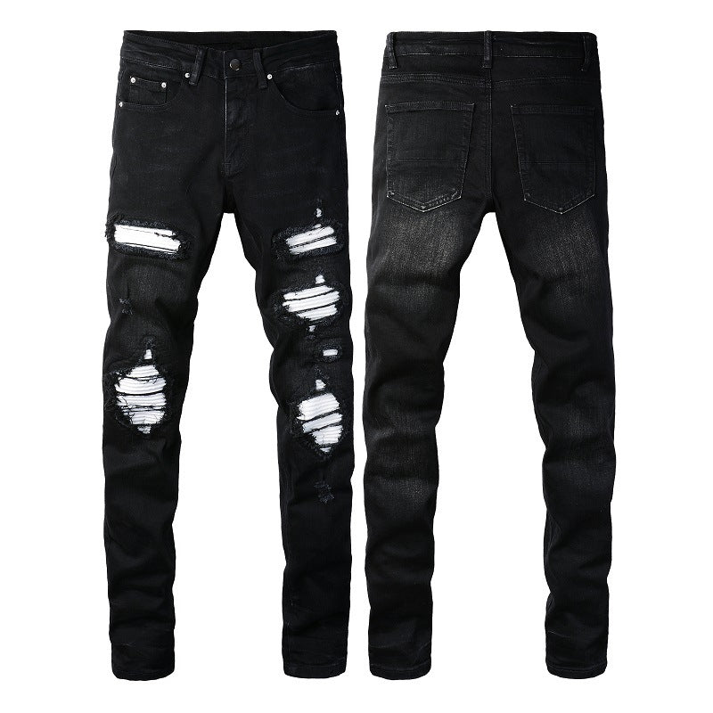 Street-style Mens Ripped Corduroy Patch Denim Jeans